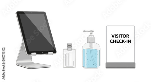 Tablet kiosk with hand sanitizer and visitor badge for modern check-in