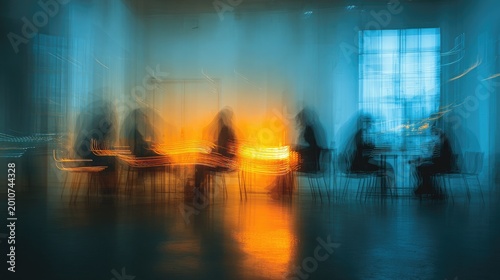 Blurred figures gather around tables in a room illuminated by warm, glowing light