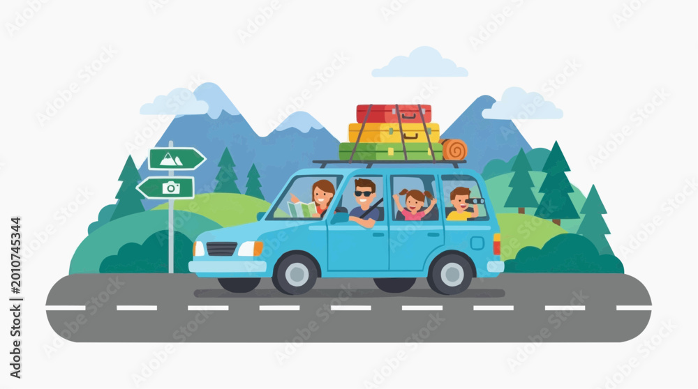 Obraz premium Family embarking on a road trip, with a car packed for adventure Isolated on white background