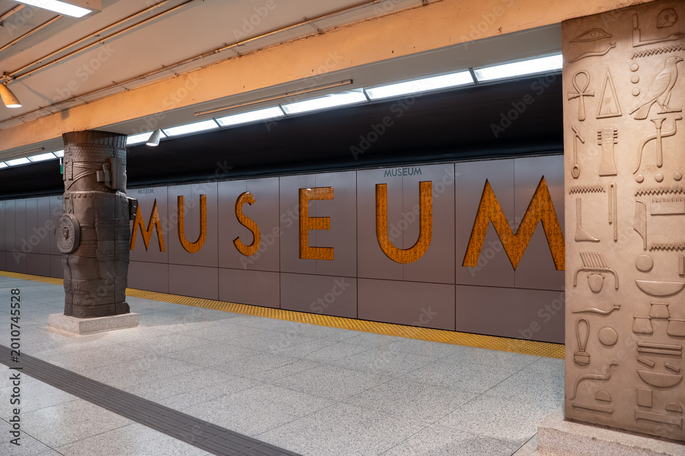 Obraz premium View of TTC Museum subway station platform with sculptures. Toronto, Canada - May 1, 2026.