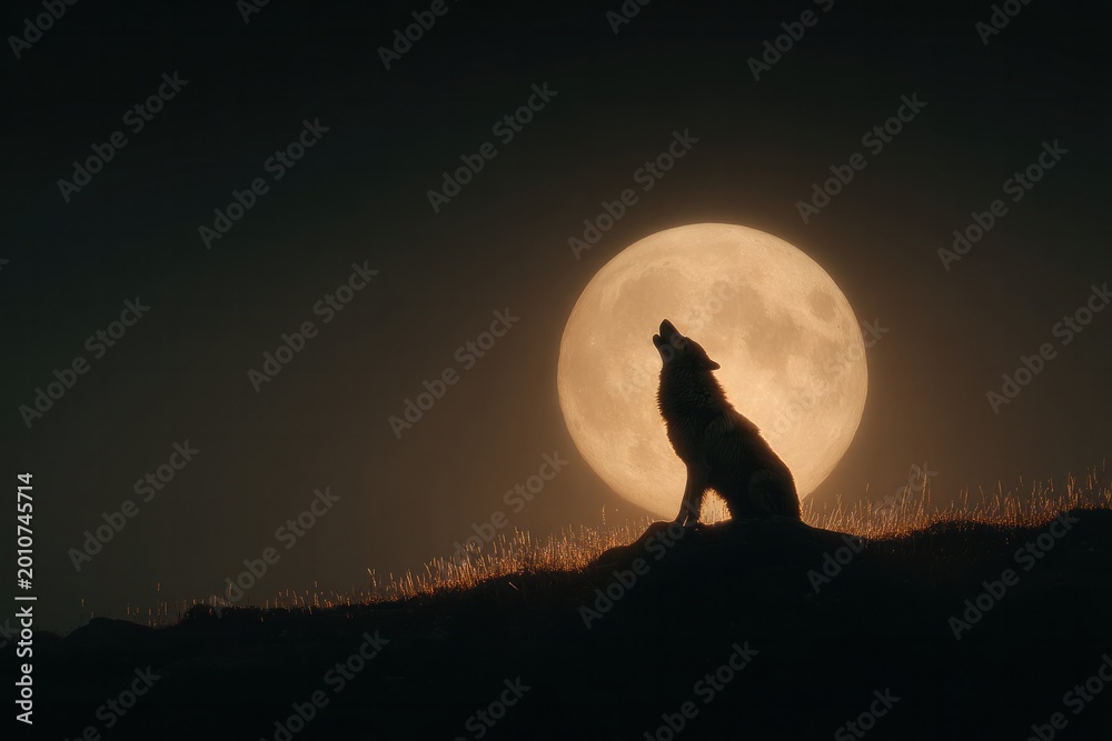 Fototapeta premium Lone Wolf Silhouette Against Full Moon Dramatic Wildl