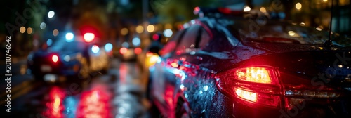 Night police response with red and blue lights reflecting on rainy city street and wet pavement
