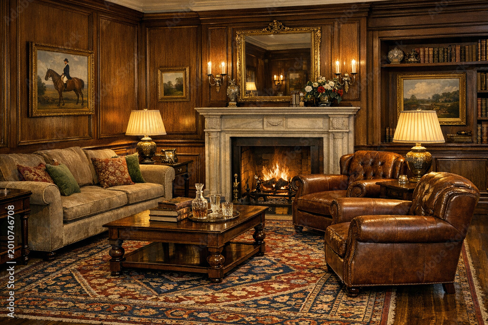 Fototapeta premium A warm and inviting living room with a fireplace, leather chairs, plush sofas, and elegant decorations.