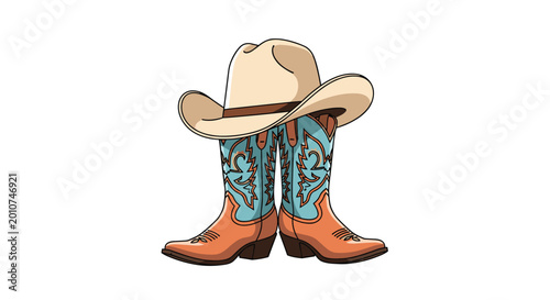 Classic set of colorful cowboy boots and a stylish tan felt hat positioned on a clean white background for western fashion and culture design.