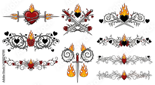 Photography Baroque tattoos with flames and roses: ornamental heart and sword designs