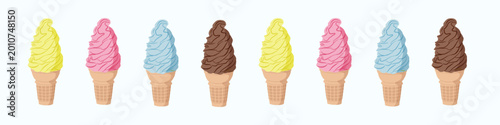 Canvastavla Row of assorted colorful soft serve ice cream cones in different flavors on ligh