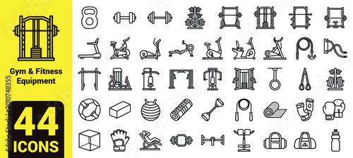 Quadro em tela Gym and fitness equipment line icon set with treadmill dumbbell barbell kettlebe