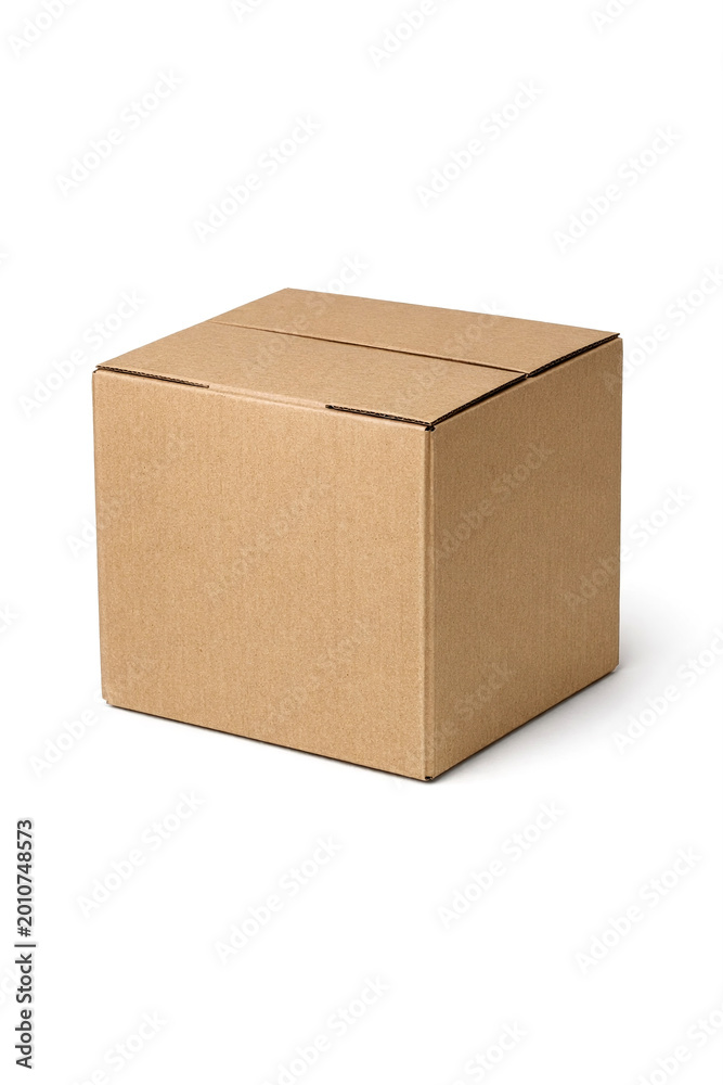 Fototapeta premium A single brown cardboard box with flaps in the open position.