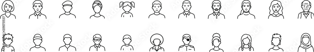 Fototapeta premium People avatar icon set, profile picture collection of diverse men and women faces, linear vector human character portraits on transparent background