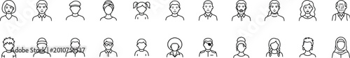 People avatar icon set, profile picture collection of diverse men and women faces, linear vector human character portraits on transparent background