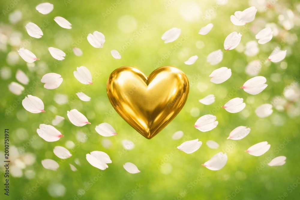 Fototapeta premium Golden heart floats in the air as white petals fall around it in a lush, green environment with bright sunlight shining down.
