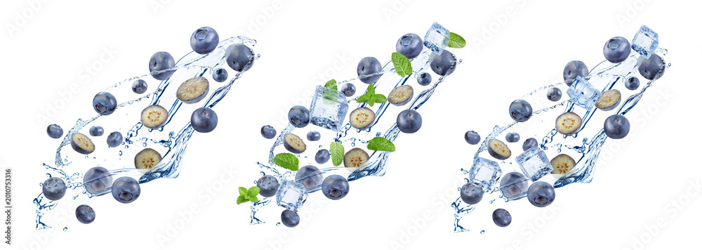 Fototapeta premium Fresh blueberries and water splashes in air on white background, set
