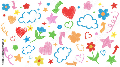 Creative Colored Pencil Chalk Doodle Set with Hand Drawn School Symbols and Decorative Elements