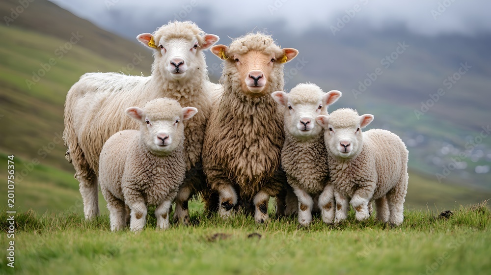 Obraz premium Family of sheep with lambs on grassy hillside.
