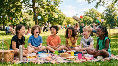 Diverse group of child friends laughing at picnic in summer park on International Childrens Day. Multiethnic kids playing together outdoors. Happy childhood and friendship concept.