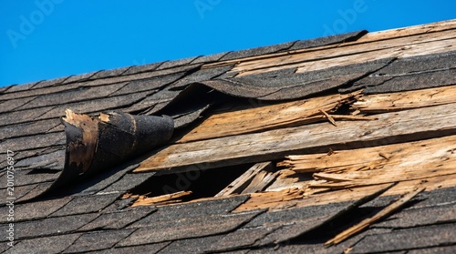 Quadro su tela Damaged shingles and exposed rotting wood on an old house roof requiring urgent residential repair