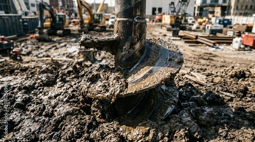 Canvas Print A heavy-duty spiral auger drill works through muddy soil on a large-scale urban