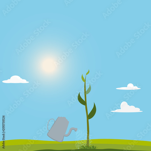 Image of watering seedlings in nature under sunlight.