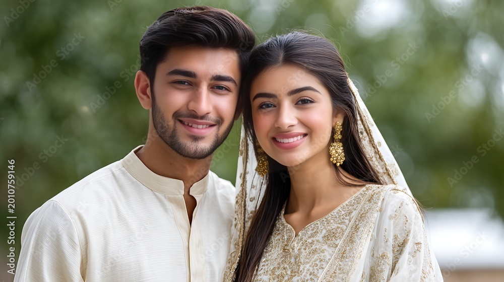 Fototapeta premium Pakistani Wedding Couple Poses Together Outdoors in Traditional Attire