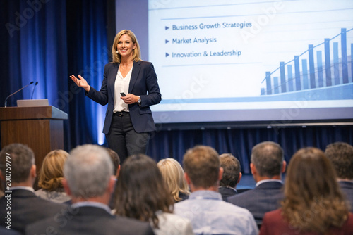 Woman presenting business growth strategy in front of an audience.
