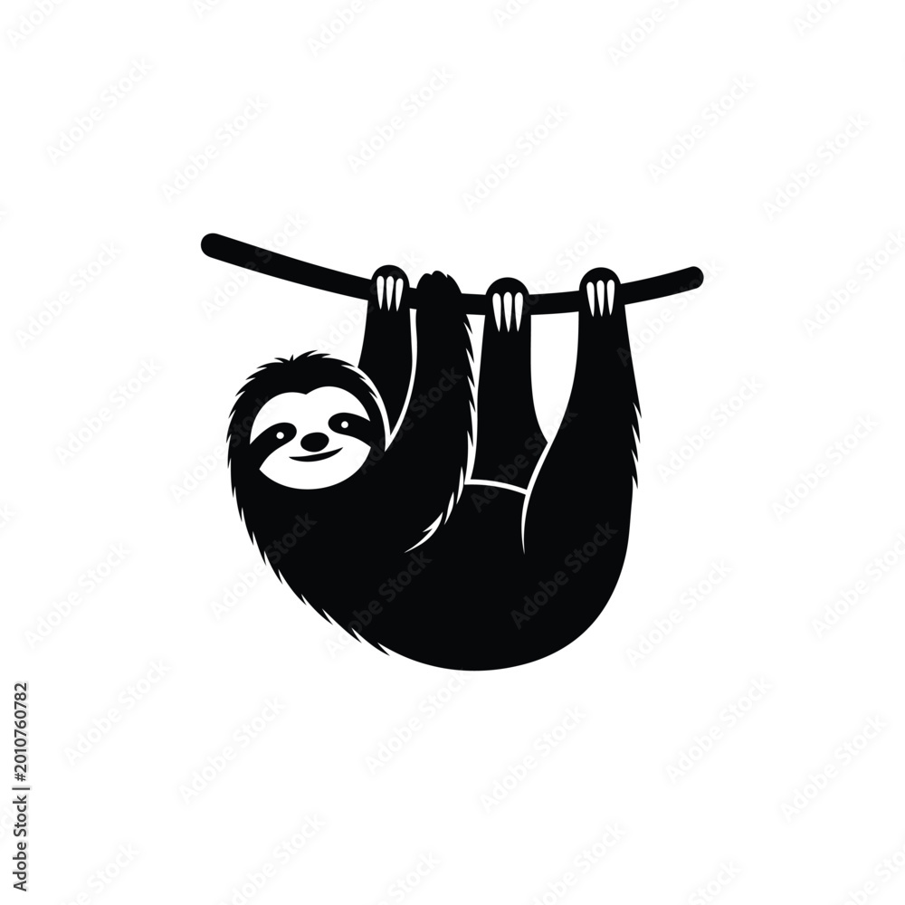 Fototapeta premium A black silhouette of a sloth hanging from a branch on a white background.