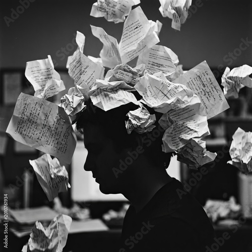 Creative Block Overwhelmed Writer with Crumpled Paper Flying Around Head.