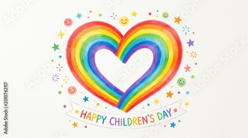 Rainbow heart drawing on paper for International Childrens Day background. Colorful illustration with star and smiley face icon surrounding text banner. Creative design for holiday greeting.