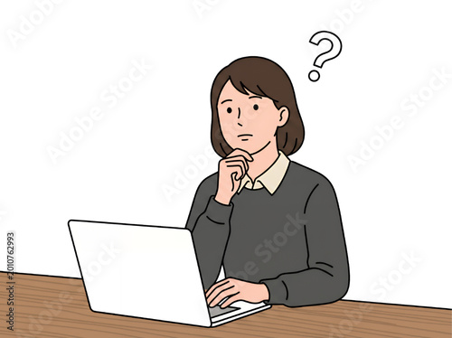 ノートパソコンの前で首をかしげ疑問を持って考える若い日本人女性