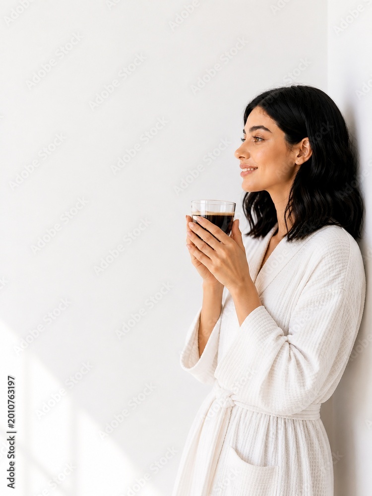Fototapeta premium Young Woman Enjoying Morning Coffee in White Bathrobe