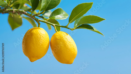 Two ripe yellow lemons hanging on a branch against a clear blue sky with fresh leaves in bright sunlight