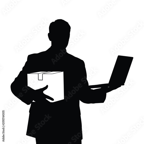 A silhouette of a man in a suit carrying a box and a laptop.