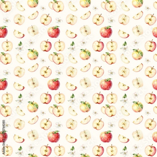 seamless pattern of small red apples scattered randomly on white background