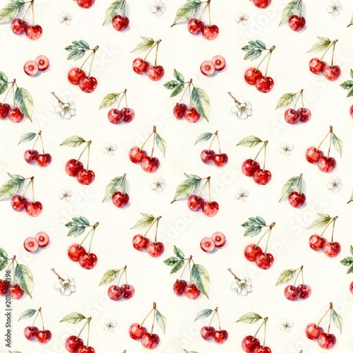 Watercolor seamless pattern with red cherries, green leaves, and white flowers on a light background.