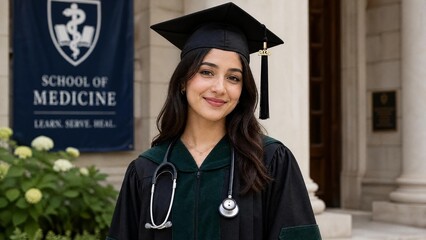 Portrait of Proud Female Medical School Graduate Class of 2024 Wearing Stethoscope and Academic Gown