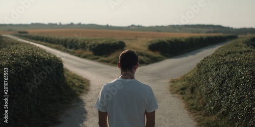 Young man facing a fork in the road in a rural setting, concept for making hard decisions, career path uncertainty and life choices guidance
