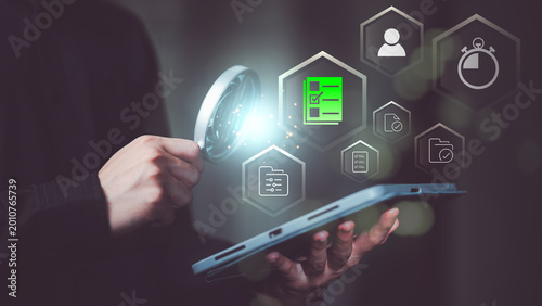 Εκτύπωση καμβά Data analyst verifies digital checklist for secure data verification, compliance audit, workflow automation, document control, risk assessment, cybersecurity validation, process accuracy improvement