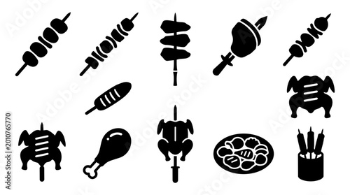 Bild auf Leinwand Grilled Street Food Skewer Silhouette Icon Set – Kebab, Satay, Yakitori, BBQ Chi