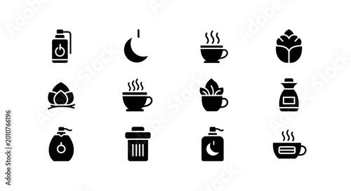 Streamlined vector glyph icons capturing diverse daily lifestyle concepts, including personal hygiene, beverage rituals, and home essentials, perfect for modern UI/UX design and digital applications