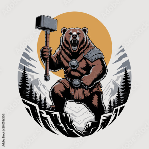 Tableau sur toile Brown bear wearing armor holding hammer.