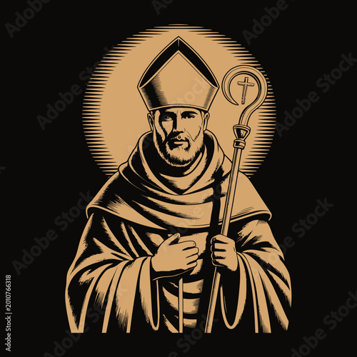 Obraz na płótnie Catholic Priest Holding Staff Illustration.