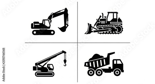Collection of essential heavy construction machinery silhouettes for building and excavation projects, featuring excavator, bulldozer, crane, and dump truck icons in a versatile graphic set