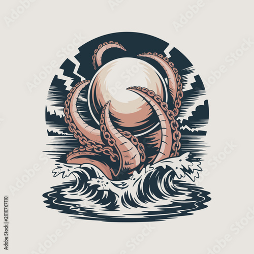 Bild auf Leinwand Tentacled sea creature rising from waves.