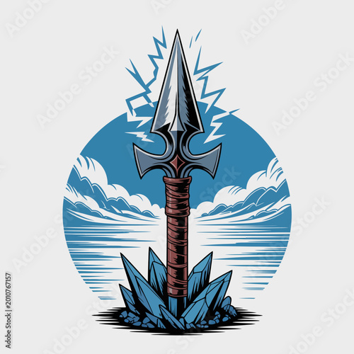 Foto Trident spear with sharp metal prongs.