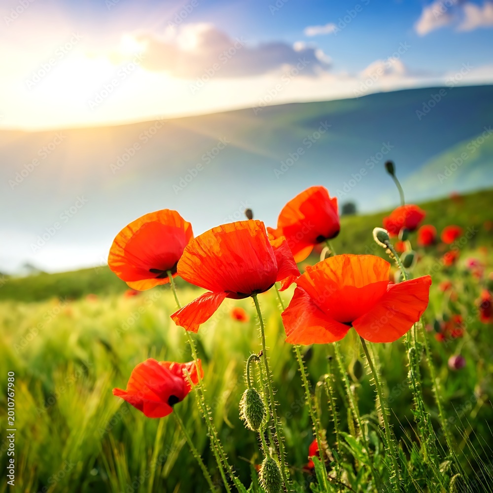 Obraz premium Vibrant red poppies in green field.