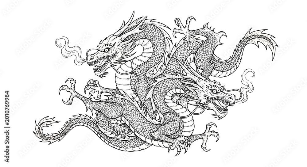 Fototapeta premium Intricate dragon illustration in black and white against a white background