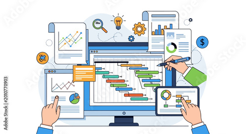Hands interacting with business analytics on computer and tablet.
