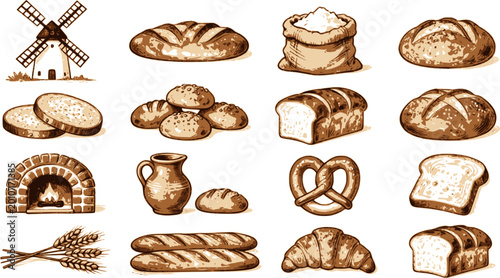 Vintage illustrations of bread, pastries, and bakery elements: Design for bakery menus, rustic kitchen decor, and artisanal food packaging. Vector. Transparent EPS version.