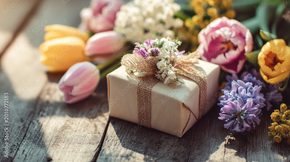 Fototapeta premium Gift box wrapped in paper with flower decoration on wooden board. Spring holiday bouquet with tulip and hyacinth. Wedding present or Mothers Day surprise in rustic style arrangement.