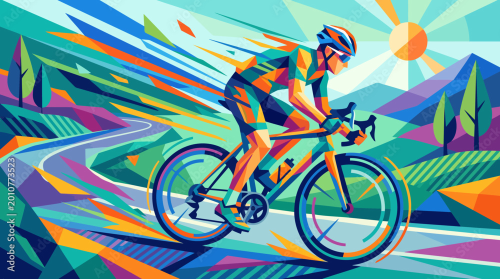 Fototapeta premium Cyclist riding a bicycle on a winding road with colorful abstract background.