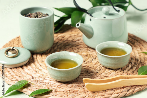 Teapot with cups of green t...